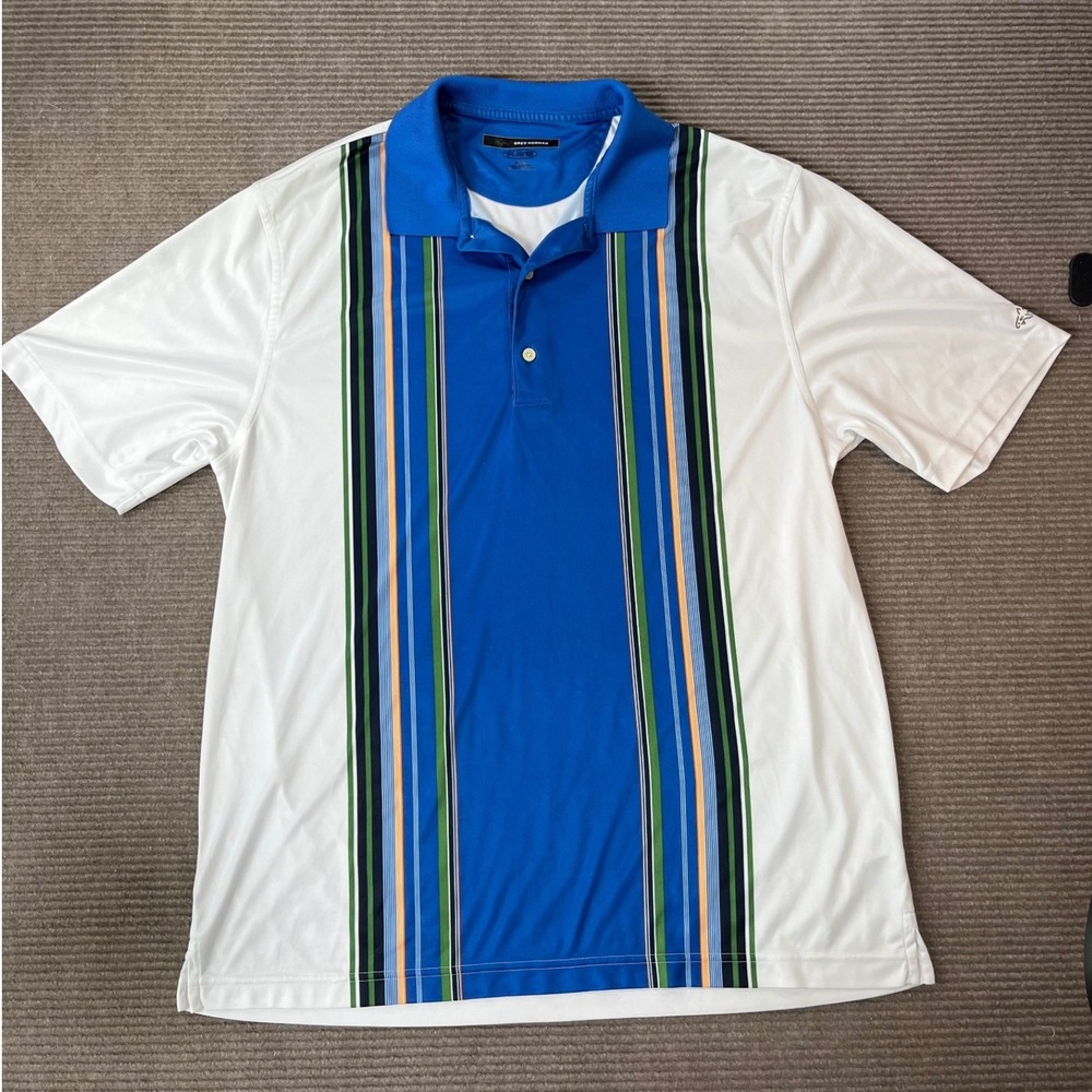 Greg Norman Play Dry Mens‎ XL Golf Polo White Blue Green Vertical Stripe Shirt